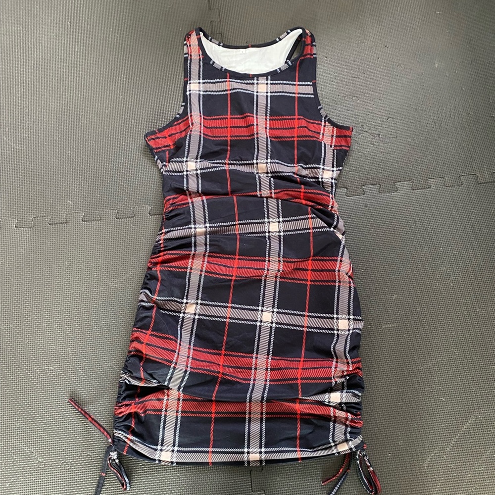 Last chance.  Plaid bodycon adjustable side dress, S